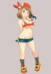 1girl arm_behind_back bandana bangs bike_shorts black_legwear black_shorts blue_eyes breasts brown_hair cleavage commentary_request covered_nipples full_body gloves grey_background groin highres holding holding_poke_ball looking_at_viewer may_(pokemon) medium_breasts multicolored_footwear poke_ball poke_ball_(basic) poke_ball_symbol pokemon pokemon_(game) pokemon_rse red_bandana red_footwear red_sports_bra shoes short_hair short_shorts shorts shorts_pull simple_background skindentation sneakers socks solo sports_bra standing tof white_gloves yellow_footwear 