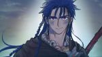  1boy blue_hair bodypaint braid choker cu_chulainn_(fate)_(all) earrings facepaint fate/stay_night fate_(series) gae_bolg jewelry lancer long_hair looking_at_viewer male_focus necklace polearm red_eyes sky smile solo spear tsurupika type-moon weapon 
