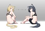  ... 2girls animal_ear_fluff animal_ears bangs bare_arms bare_shoulders barefoot black_hair black_shorts blonde_hair bra breasts brown_eyes butt_crack cat_ears cat_girl cat_tail commentary deel_(rkeg) eyebrows_visible_through_hair from_behind grey_background grey_bra grey_panties hair_between_eyes highres lisa_(deel) looking_at_viewer looking_back medium_breasts multiple_girls original panties ramn red_eyes short_hair short_shorts shorts sitting tail underwear 