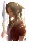  1girl aerith_gainsborough bangs bow braid braided_ponytail breasts brown_hair choker closed_mouth commentary dress expressionless eyelashes final_fantasy final_fantasy_vii final_fantasy_vii_remake green_eyes hair_bow half-closed_eyes highres isshiki_(ffmania7) jacket lips long_hair looking_down neck_ribbon open_clothes open_jacket parted_bangs pink_dress red_jacket ribbon short_sleeves sidelocks signature small_breasts solo sunlight twitter_username upper_body 