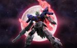 asteroid beam_rifle energy_gun glowing glowing_eyes glowing_lines gun gundam gundam_online highres holding holding_gun holding_weapon looking_at_viewer mobile_suit mobile_suit_moon_gundam moon moon_gundam no_humans official_art psycho_plates red_moon shooting_star starry_background v-fin weapon 