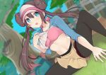  1girl bangs black_legwear blue_eyes blush bow bra brown_hair collarbone commentary_request day double_bun floating_hair grass lifted_by_self long_hair looking_to_the_side navel obybuss open_mouth outdoors panties pantyhose pink_bow pink_bra pokemon pokemon_(game) pokemon_bw2 rosa_(pokemon) shirt_lift short_shorts shorts sidelocks sitting sleeves_past_elbows solo sports_bra spread_legs teeth tongue tree twintails underwear yellow_shorts 