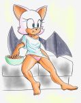  anthro black_nose chiropteran clothed clothing eating eyelashes feet female food fours_(artist) green_eyes hi_res mammal nachos rouge_the_bat shirt sitting solo sonic_the_hedgehog_(series) topwear underwear wings 