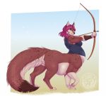  arrow bottomless bow_(weapon) breasts canid canid_taur canine canine_taur chubby_female clothed clothing female fox fox_taur hair mammal mammal_taur purple_hair ranged_weapon solo taur thecatnamedfish weapon 