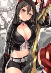  1girl armored_boots bangs belt black_collar black_gold_saw black_gold_saw_(cosplay) black_hair black_jacket black_rock_shooter black_shorts blush boots breasts chain checkered checkered_background chikuma_(kantai_collection) cleavage collar collarbone commentary_request cosplay cropped_jacket grey_belt groin hair_between_eyes head_tilt highres holding holding_sword holding_weapon horns jacket kantai_collection king_saw large_breasts long_hair long_sleeves looking_at_viewer midriff navel red_footwear short_shorts shorts sidelocks sitting smile solo sword weapon yasume_yukito yellow_eyes 