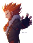  1boy artist_name black_gloves commentary_request facial_hair fingerless_gloves gloves jacket lobolobo2010 long_sleeves lysandre_(pokemon) male_focus orange_hair parted_lips pokemon pokemon_(game) pokemon_xy sketch solo spiked_hair teeth upper_body watermark white_background 