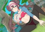  1girl bangs black_legwear blue_eyes blush bra brown_hair closed_mouth collarbone commentary_request day double_bun floating_hair grass highres lifted_by_self long_hair looking_to_the_side navel obybuss outdoors panties pantyhose pink_bra pokemon pokemon_(game) pokemon_bw2 rosa_(pokemon) shirt_lift sidelocks sitting sleeves_past_elbows solo spread_legs tree twintails underwear 