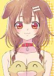  1girl :3 animal_ears bangs bare_shoulders bone_hair_ornament braid breasts brown_eyes brown_hair cartoon_bone cleavage closed_mouth collar collarbone commentary_request dog_ears drop_shadow eyebrows_behind_hair hair_between_eyes hair_ornament hair_over_shoulder hololive inugami_korone kurosuke_(cloth_ke) listener_(inugami_korone) long_hair looking_at_viewer low_twintails medium_breasts red_collar solo swimsuit twin_braids twintails upper_body virtual_youtuber yellow_background yellow_swimsuit 