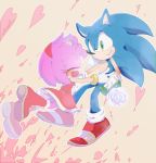  1boy 1girl amy_rose boots crying dress flower furry gloves green_eyes grin hairband heart hetero holding holding_flower nervous_smile red_dress red_footwear rose shoes smile sneakers sonic sonic_the_hedgehog tears tondamanuke white_flower white_gloves white_rose 