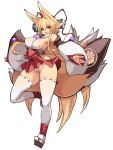  1girl animal_ears blonde_hair commentary_request detached_sleeves eyebrows_visible_through_hair fox_ears fox_tail full_body hair_between_eyes highres izuna_(shinrabanshou) karukan_(monjya) long_hair looking_at_viewer multiple_tails panties red_eyes shinrabanshou simple_background solo tabi tail thighhighs underwear white_background white_legwear white_panties 