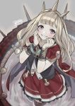  1girl bangs blonde_hair blue_eyes blush bracelet brooch cagliostro_(granblue_fantasy) cape capelet cloak dress frilled_dress frills granblue_fantasy grin hairband hands_on_own_cheeks hands_on_own_face highres jewelry long_hair looking_at_viewer purple_hair seyana smile 