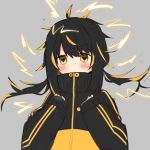 1girl bangs black_hair black_jacket blonde_hair covered_mouth daifukumochi_(akaaokiiwo) electricity eyebrows_visible_through_hair full_body gen_8_pokemon grey_background hair_between_eyes hands_up high_collar jacket long_hair long_sleeves looking_at_viewer low_twintails multicolored_hair personification pincurchin pokemon simple_background sleeves_past_wrists solo streaked_hair symbol-shaped_pupils twintails upper_body v-shaped_eyebrows yellow_eyes yellow_jacket 