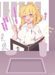  :d ahoge artoria_pendragon_(all) blonde_hair blue_eyes blush breasts collarbone commentary cup dress_shirt fate/grand_order fate_(series) highres holding large_breasts looking_at_viewer mitsurugi_sugar mysterious_heroine_xx_(foreigner) open_mouth ponytail shirt smile solo translated white_shirt 