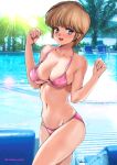  1girl backlighting bangs beach_chair bikini blue_eyes blue_sky breasts brown_hair cleavage commentary day eyebrows_visible_through_hair groin highres hiyama_hikaru kimagure_orange_road large_breasts looking_at_viewer navel open_mouth outdoors oyaman palm_tree pink_bikini pool short_hair skindentation sky smile solo standing string_bikini sunlight swimsuit tree twitter_username w_arms 