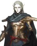  1boy armor blonde_hair blue_eyes breastplate cape closed_mouth cropped elf fantasy gold gold_armor grey_cape hair_slicked_back highres long_hair male_focus original pauldrons pointy_ears shadow sheath sheathed shoulder_armor simple_background skiorh solo sword vambraces weapon white_background 