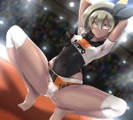  1girl absurdres andouyu arms_behind_head bangs barefoot bea_(pokemon) black_hairband blurry blurry_background blush bow_hairband breasts closed_mouth collared_shirt commentary_request covered_navel covered_nipples grey_eyes grey_hair gym_leader hair_between_eyes hairband highres knee_pads light looking_at_viewer number one-piece_swimsuit pokemon pokemon_(game) pokemon_swsh print_shirt shirt short_hair short_sleeves spread_legs squatting stadium swimsuit swimsuit_under_clothes tied_shirt tiptoes toes 