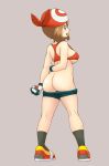  1girl arm_behind_back ass back bandana bangs bike_shorts black_legwear black_shorts blue_eyes breasts brown_hair butt_crack from_behind full_body gloves grey_background highres holding holding_poke_ball looking_at_viewer looking_back may_(pokemon) medium_breasts multicolored_footwear poke_ball poke_ball_(basic) poke_ball_symbol pokemon pokemon_(game) pokemon_rse red_bandana red_footwear red_sports_bra shoes short_hair short_shorts shorts shorts_pull simple_background skindentation sneakers socks solo sports_bra standing tof white_gloves yellow_footwear 