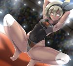  1girl absurdres andouyu armpits arms_behind_head bangs barefoot bea_(pokemon) black_hairband blurry blurry_background blush bow_hairband breasts cameltoe closed_mouth collared_shirt commentary_request covered_navel covered_nipples grey_eyes grey_hair gym_leader hair_between_eyes hairband highres knee_pads light looking_at_viewer number one-piece_swimsuit pokemon pokemon_(game) pokemon_swsh print_shirt see-through shirt short_hair short_sleeves spread_legs squatting stadium swimsuit swimsuit_under_clothes tied_shirt tiptoes toes 