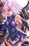  1girl absurdres armpits ayakase_hotaru black_leotard clothing_cutout elbow_gloves fate/grand_order fate_(series) gloves groin hair_over_one_eye highres holding holding_shield leotard light_purple_hair mash_kyrielight midriff navel navel_cutout open_mouth purple_eyes shield short_hair tagme 