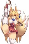  1girl animal_ears blonde_hair breasts closed_mouth detached_sleeves eyebrows_visible_through_hair fox_ears fox_tail highres izuna_(shinrabanshou) karukan_(monjya) large_breasts leg_up long_hair looking_at_viewer multiple_tails red_eyes shinrabanshou simple_background smile solo split standing standing_on_one_leg standing_split tail thighhighs trembling v white_background white_legwear 