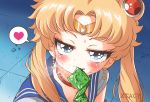  1girl absurdres bangs bishoujo_senshi_sailor_moon biting blonde_hair blue_eyes blush choker collarbone condom condom_in_mouth condom_packet_strip condom_wrapper crescent crescent_earrings earrings hair_over_shoulder heart heart_choker highres jewelry lip_biting long_hair looking_at_viewer mouth_hold naughty_face parted_bangs sailor_collar sailor_moon sailor_moon_redraw_challenge solo sweat tsukino_usagi twintails upper_body xtacy 