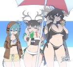  3girls =_= adapted_costume afterimage alternate_breast_size animal_ears antlers aqua_eyes aqua_hair arm_at_side ass_visible_through_thighs beach_umbrella beads bikini bottle breasts brown_eyes brown_hair can cleavage closed_eyes collarbone dated deer_ears drawstring drink drinking extra_ears eyebrows_visible_through_hair fanning_face fanning_self furrowed_eyebrows grey_hair hair_between_eyes hair_ribbon highres holding holding_can hood hood_up hoodie hot huge_breasts jewelry kemono_friends large_breasts long_hair long_sleeves looking_at_object looking_to_the_side low-tied_long_hair male_swimwear moose_(kemono_friends) moose_ears moose_tail multicolored_hair multiple_girls navel necklace open_clothes open_hoodie open_mouth reindeer_(kemono_friends) reindeer_antlers ribbon see-through side-by-side side-tie_bikini side-tie_bottom sidelocks signature skindentation snake_tail soda_can standing stomach striped_hoodie sweat swim_trunks swimsuit swimsuit_under_clothes swimwear tail thigh_gap tsuchinoko_(kemono_friends) twintails two-tone_hair umbrella underboob yoshida_hideyuki 
