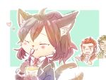  &lt;3 1904tk3 4:3 akashi_(live-a-hero) anthro blush cat_operator clothing cutlery domestic_cat eating eyewear felid feline felis female glasses group human kitchen_utensils kyoichi_(live-a-hero) live-a-hero male mammal necktie pudding spoon suit tools 