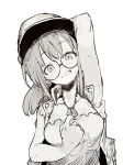  1girl arm_behind_head breasts ddari dog_tags fio_germi glasses greyscale hand_up hat head_tilt highres large_breasts looking_at_viewer medium_hair metal_slug monochrome ponytail round_eyewear simple_background smile solo sweat upper_body white_background 