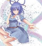  1girl belt blue_dress blue_eyes blue_hair blush breasts chisel collarbone commentary_request dress drill_hair drill_locks eyebrows_visible_through_hair feet_out_of_frame flower frills hair_between_eyes hair_ornament hair_rings hair_stick hand_in_hair highres kaku_seiga knee_up looking_at_viewer medium_breasts medium_hair open_clothes open_vest outstretched_arm parted_lips petals puffy_short_sleeves puffy_sleeves short_sleeves smile solo thighs touhou vel0x_s vest white_background 