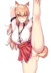  1girl absurdres animal_ear_fluff animal_ears blonde_hair breasts fate/extra fate/extra_ccc fate/extra_ccc_fox_tail fate/grand_order fate_(series) flexible fox_ears fox_girl fox_tail hakama hakama_skirt highres japanese_clothes jo_(pixiv29989419) large_breasts leg_lift leg_up long_hair no_panties red_hakama shirt short_sleeves simple_background solo split standing standing_on_one_leg standing_split suzuka_gozen_(fate) tail tail_censor white_background white_shirt yellow_eyes 