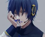  1boy artist_name blood blue_blood blue_eyes blue_hair coat commentary expressionless grey_background half-closed_eyes hand_on_own_head headset kaito looking_at_viewer male_focus nokuhashi nosebleed portrait vocaloid white_coat 