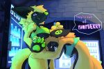  anthro big_breasts bottomless breasts canid canine clothed clothing crop_top dialogue dinosaur duo female hybrid mammal ozoneserpent reptile scalie shirt topwear under_boob vending_machine 