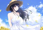  1girl arhah arms_behind_back black_hair blue_sky cloud dress flower hat highres long_hair looking_at_viewer medium_hair original purple_eyes sky solo straw_hat sundress sunflower white_dress 