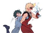  2boys bare_shoulders belt blonde_hair blue_hair blush boots char_aznable cup disposable_cup embarrassed full-face_blush gloves groping gundam hand_under_clothes jumpsuit kamille_bidan molestation multiple_boys quattro_vageena sakanaokashi short_hair sunglasses zeta_gundam 