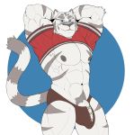  abs absurd_res anthro blue_eyes bulge clothing felid genitals grimoire_of_zero hands_behind_head hi_res intimatewolf male mammal mercenary_(character) muscular muscular_anthro muscular_male navel nipples pantherine penis pubes solo tiger underwear 