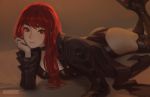  artist_name ass black_jacket black_leotard coattails frilled_sleeves frills hair_down hand_on_own_face highres jacket legs_up leotard light_blush looking_at_viewer lying on_stomach persona persona_5 persona_5_the_royal raidouart red_eyes red_hair yoshizawa_kasumi 
