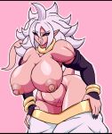  alien alien_humanoid android_21 areola big_breasts black_sclera breasts clothed clothing collar dragon_ball dragon_ball_fighterz droll3 exposed_breasts female genitals gloves hair handwear hi_res huge_breasts humanoid looking_at_viewer machine majin majin_android_21 muscular muscular_female muscular_humanoid nipples not_furry pants_down partially_clothed pussy red_eyes smile solo spiky_hair symbol_on_belly 