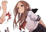  2boys 2girls arms_behind_back black_hair blush brown_eyes brown_hair creator_connection fu-ta grin karakai_jouzu_no_takagi-san leaning_forward long_hair multiple_boys multiple_girls purple_hair school_uniform serafuku shougi_no_yatsu smile takagi-san tanaka_ayumu translated yaotome_urushi 