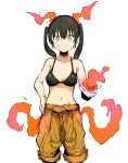  1girl black_bra black_hair bra closed_mouth ddari en&#039;en_no_shouboutai fiery_horns fiery_tail fire highres horns jumpsuit jumpsuit_around_waist looking_at_viewer medium_hair navel orange_jumpsuit smile solo stomach tail tamaki_kotatsu twintails underwear yellow_eyes 