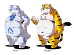  2020 anthro balls belly chibineco duo felid flaccid fur genitals hi_res kemono male mammal moobs nipples overweight overweight_male pantherine penis simple_background text tiger ursid white_background white_body white_fur 