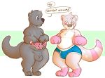  animal_genitalia anthro blue_nipples bulge chase_the_otter clothed clothing dialogue duo fully_sheathed fur genitals grey_body grey_fur looking_down lutrine male mammal multi_nipple mustelid nipples nude partially_clothed pink_body pink_fur rabidraccoon sheath underwear 