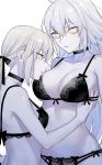  2girls ahoge artoria_pendragon_(all) bangs blonde_hair bra breasts choker cleavage closed_mouth commentary couple eyebrows_visible_through_hair eyes_visible_through_hair fate/grand_order fate_(series) hair_between_eyes hair_ribbon hand_under_clothes highres jeanne_d&#039;arc_(alter)_(fate) jeanne_d&#039;arc_(fate)_(all) lingerie long_hair multiple_girls nipi27 pale_skin panties ponytail profile ribbon saber_alter short_hair sidelocks silver_hair simple_background symbol_commentary underboob underwear very_long_hair white_background yellow_eyes yuri 