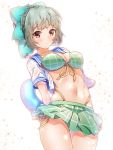  1girl alternate_breast_size bangs bikini bikini_skirt blush bow breasts brown_eyes cleavage commentary_request eyebrows_visible_through_hair green_bikini green_bow grey_hair hair_bow hair_ornament harukawa_(hal501) highleg highleg_bikini highres kantai_collection large_breasts lifebuoy long_hair looking_at_viewer melon_print navel ponytail simple_background solo star_(symbol) swimsuit white_background yuubari_(kantai_collection) 