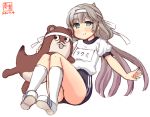  1girl alternate_costume artist_logo black_buruma bokukawauso buruma commentary_request dated full_body green_eyes grey_hair gym_shirt gym_uniform headband kanon_(kurogane_knights) kantai_collection kneehighs long_hair low_twintails mikura_(kantai_collection) name_tag otter shirt shoes simple_background smile t-shirt twintails uwabaki white_background white_headband white_legwear white_shirt 