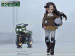  1girl asymmetrical_bangs bangs black_footwear black_hair boots brown_jacket chi-hatan_military_uniform closed_eyes closed_mouth copyright_name facing_viewer fog gekitotsu!_joshikousei_oiroke_sensha_gundan girls_und_panzer ground_vehicle helmet holding jacket kamen_rider kamen_rider_black_(series) knee_boots knee_pads light_smile long_hair long_sleeves military military_uniform motor_vehicle motorcycle motorcycle_helmet nishi_kinuyo outdoors pants pants_under_skirt parody pleated_skirt reflection sankuma shirt short_hair skirt uniform vehicle_request white_legwear white_pants yellow_skirt 