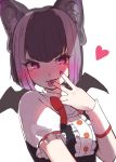  1girl :p animal_ears bat_ears bat_girl bat_wings black_hair blush bow bowtie center_frills collared_shirt commentary_request common_vampire_bat_(kemono_friends) eyebrows_visible_through_hair finger_to_tongue frills heart highres kemono_friends kemono_friends_3 multicolored_hair nail_polish nyan_drow puffy_short_sleeves puffy_sleeves purple_eyes purple_hair purple_nails red_neckwear shirt short_hair short_sleeves sleeve_cuffs solo tongue tongue_out two-tone_hair v white_sleeves wings 