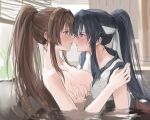  2girls bath black_hair breast_grab brown_hair cropped kantai_collection kisetsu long_hair nude onsen ponytail water yahagi_(kancolle) yamato_(kancolle) yuri 