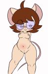  ahoge anthro belly blush breasts brown_hair brown_nipples buckteeth eyewear female genitals glasses glistening glistening_body glistening_skin hair hands_behind_back inverted_nipples mammal mouse murid murine nipples nude pussy red_(vono) rodent short_hair simple_background solo spiral_eyes spiral_glasses standing teeth vono white_background 