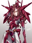  1girl ali_al-saachez arche_gundam armor artist_name bangs bodysuit breasts brown_hair commentary_request dated evil_smile eyebrows_visible_through_hair eyelashes genderswap genderswap_(mtf) gundam gundam_00 hair_ornament highres i.takashi long_hair looking_at_viewer mecha_musume medium_breasts sidelocks signature smile solo swept_bangs wavy_hair yellow_eyes 