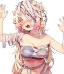  1girl :d against_fourth_wall agnamore arm_up bare_shoulders blonde_hair blush breasts brown_eyes collarbone commentary_request gradient_hair hand_up head_tilt korean_commentary long_hair looking_at_viewer medium_breasts multicolored_hair mummy_costume navel nose_blush open_mouth original pink_hair simple_background smile solo upper_body very_long_hair white_background 